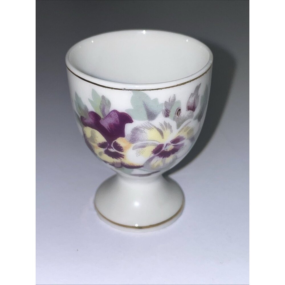 Vintage Porcelain Egg Cup Floral Purple Flower Pansy Japan